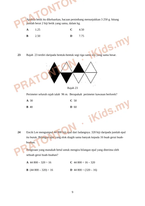 Pratonton muka 9 lembaran Soalan Exam Matematik UPSR — Matematik Tahun 6