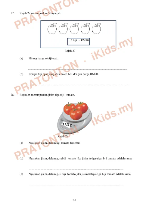 Pratonton muka 30 lembaran Soalan Matematik (3) UPSR — Matematik Tahun 6