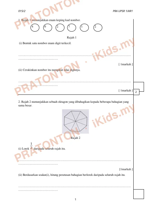 Pratonton muka 1 lembaran Soalan Matematik Kertas 2 — Pra UPSR 1/AR1 — Matematik Tahun 6