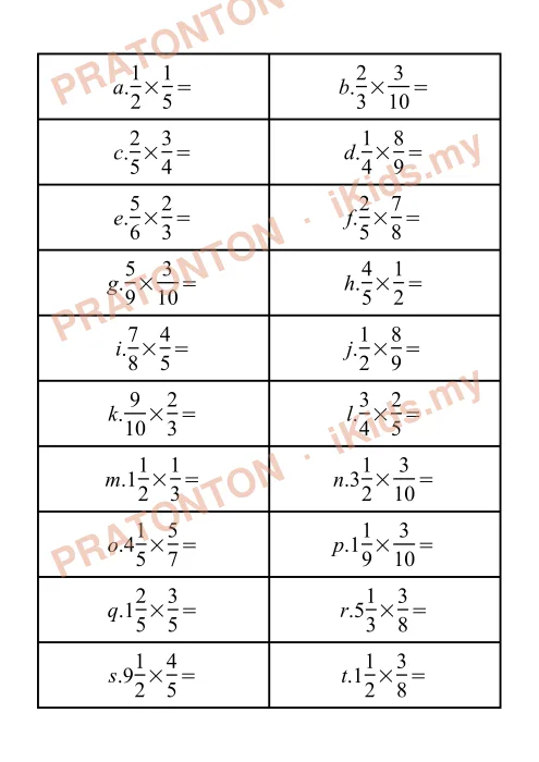 Pratonton muka 1 lembaran Soalan Matematik Pecahan — Matematik Tahun 6