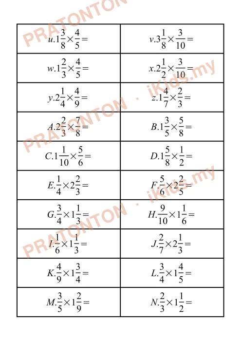Pratonton muka 2 lembaran Soalan Matematik Pecahan — Matematik Tahun 6