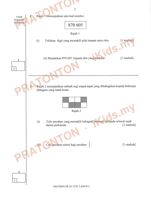 Pratonton muka 1 lembaran Soalan Matematik Tahun 5 K2 TOV (3) — Matematik Tahun 5