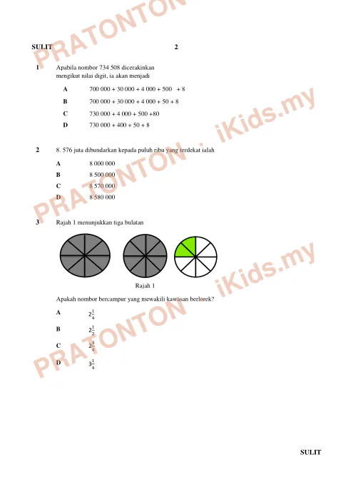 Pratonton muka 1 lembaran Soalan Matematik — Matematik Tahun 6