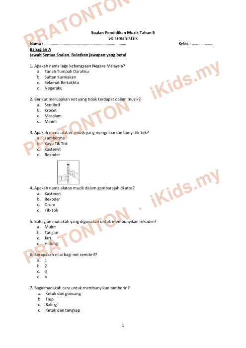 Pratonton muka 1 lembaran Soalan Pendidikan Muzik Tahun 5 — SK Taman Tasik — Pendidikan Kesenian Tahun 5