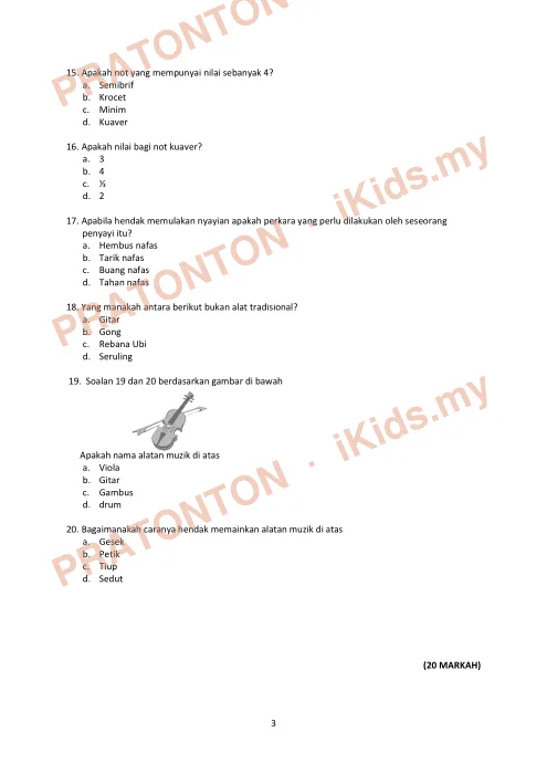 Pratonton muka 3 lembaran Soalan Pendidikan Muzik Tahun 5 — SK Taman Tasik — Pendidikan Kesenian Tahun 5
