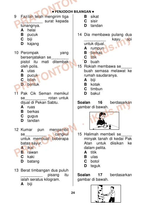 Pratonton muka 24 lembaran Soalan Penjodoh Bilangan — Bahasa Melayu Tahun 1