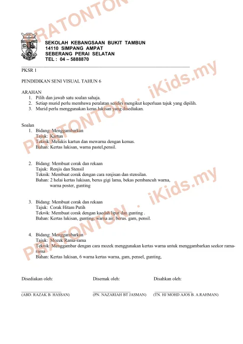 Pratonton muka 1 lembaran Soalan PKSR 1 — Pendidikan Seni Visual Tahun 6 — Pendidikan Kesenian Tahun 6
