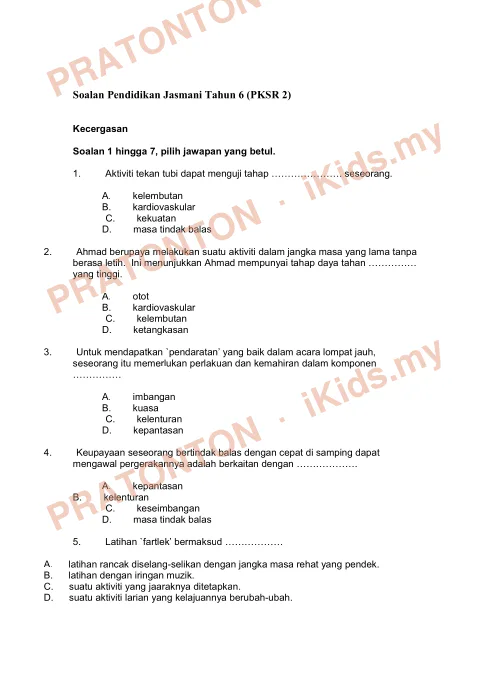Pratonton muka 1 lembaran Soalan PKSR 2 — Pendidikan Jasmani Tahun 6 (Kecergasan) — Pendidikan Kesihatan Tahun 6