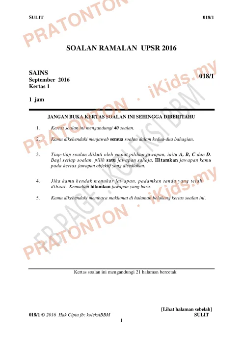 Pratonton muka 1 lembaran Soalan Ramalan UPSR 2016 — Sains Kertas 1 — Sains Tahun 6
