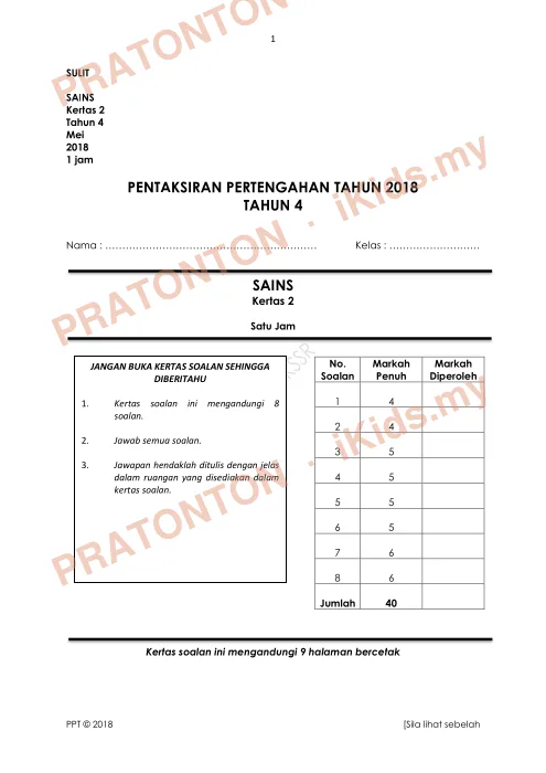 Pratonton muka 1 lembaran Soalan Sains — Sains Tahun 4