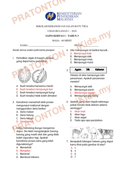 Pratonton muka 1 lembaran Soalan Sains — Sains Tahun 3