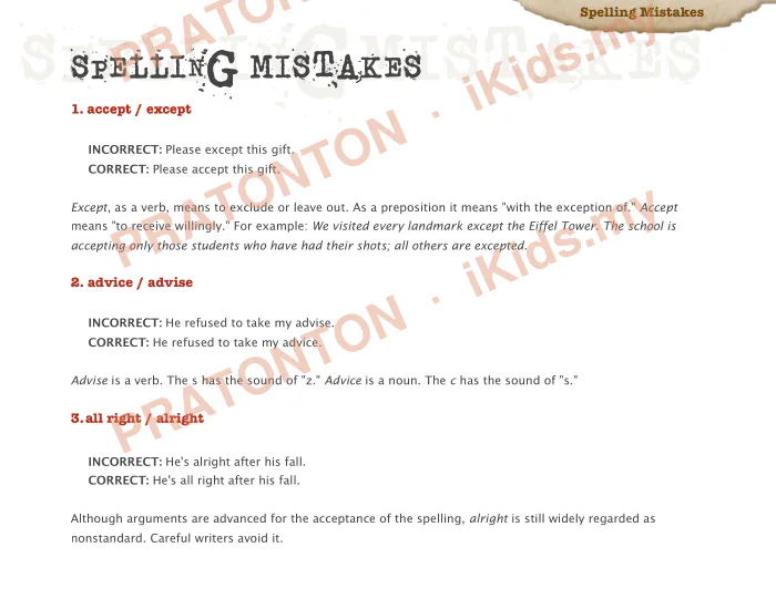 Pratonton muka 1 lembaran Spelling Mistakes — Bahasa Inggeris Tahun 1