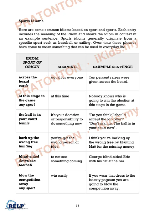 Pratonton muka 1 lembaran Sports Idioms — Bahasa Inggeris Tahun 1