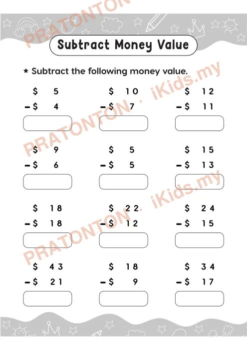 Pratonton muka 1 lembaran Subtract Money Value — Matematik Tahun 2