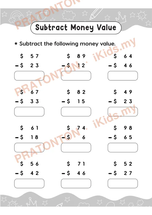 Pratonton muka 5 lembaran Subtract Money Value — Matematik Tahun 2