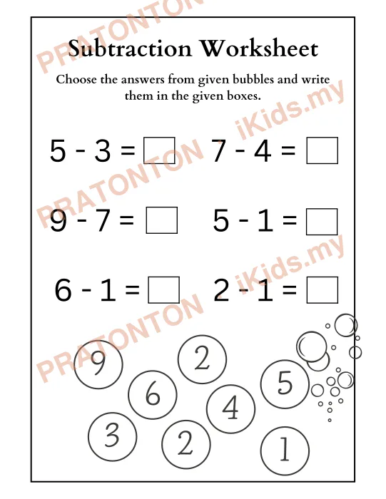 Pratonton muka 1 lembaran Subtraction Worksheet — Matematik Tahun 1
