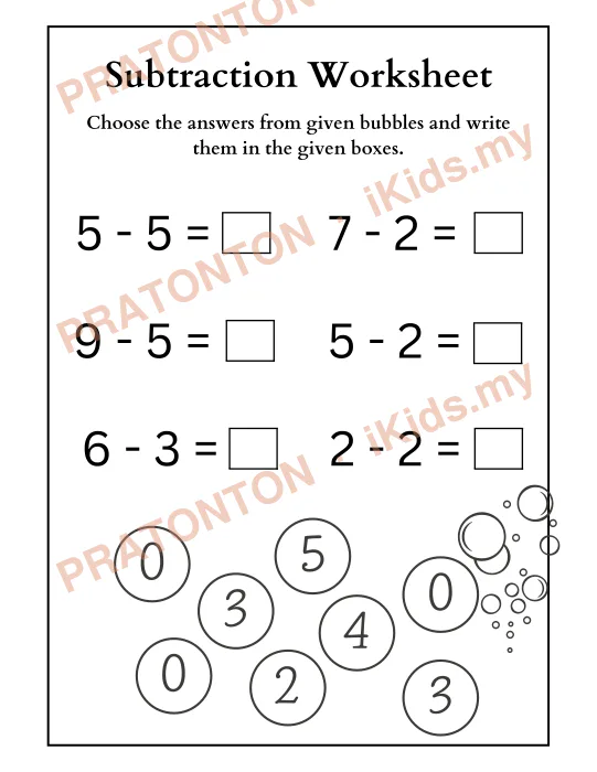Pratonton muka 3 lembaran Subtraction Worksheet — Matematik Tahun 1