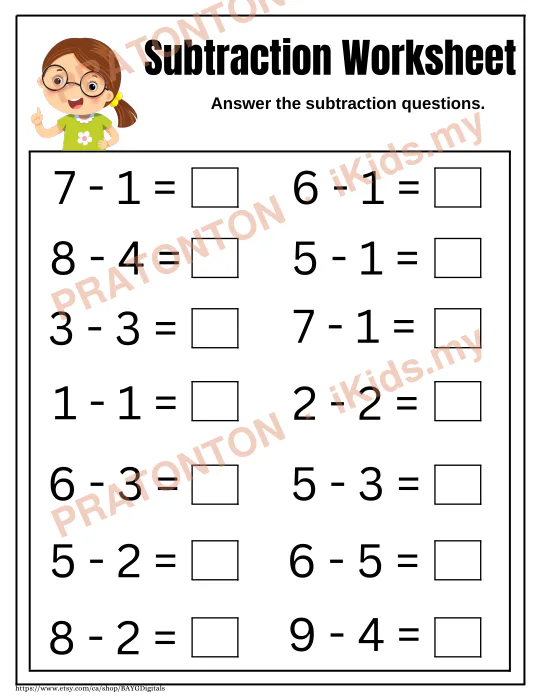 Pratonton muka 1 lembaran Subtraction Worksheet — Matematik Tahun 1