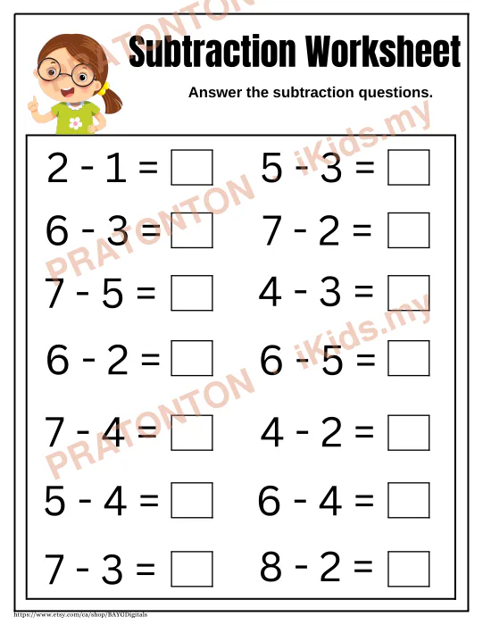 Pratonton muka 5 lembaran Subtraction Worksheet — Matematik Tahun 1