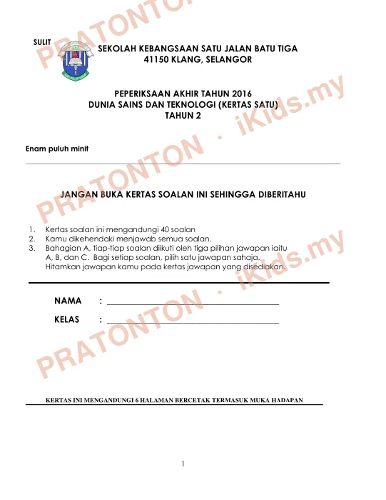 Pratonton muka 1 lembaran SULIT — Sains Tahun 2