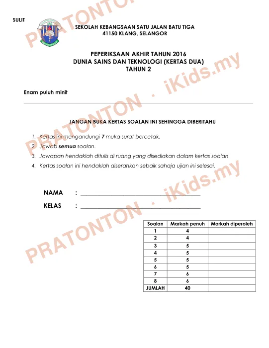 Pratonton muka 1 lembaran SULIT — Sains Tahun 2
