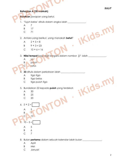 Pratonton muka 1 lembaran SULIT — Matematik Tahun 1