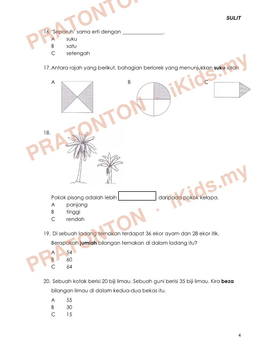Pratonton muka 3 lembaran SULIT — Matematik Tahun 1