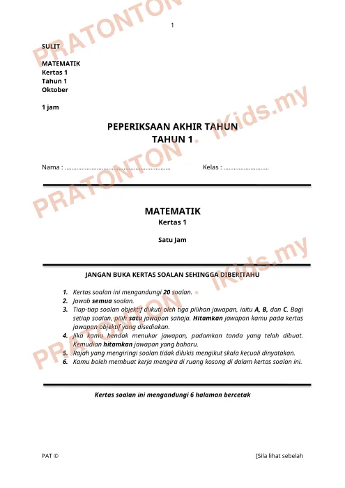 Pratonton muka 1 lembaran SULIT — Matematik Tahun 1