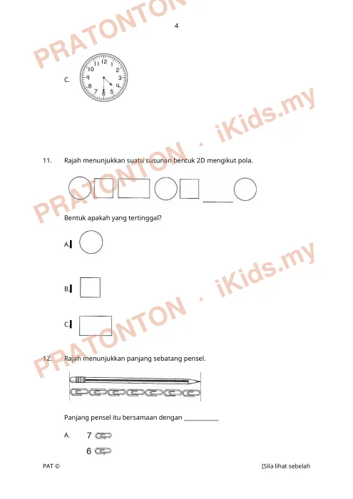 Pratonton muka 4 lembaran SULIT — Matematik Tahun 1