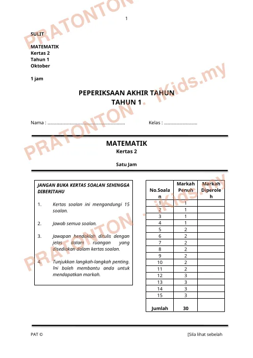 Pratonton muka 1 lembaran SULIT — Matematik Tahun 1