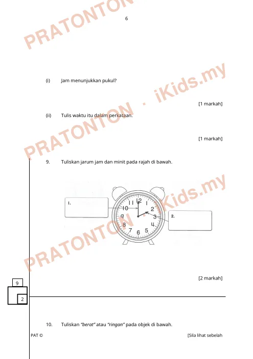 Pratonton muka 6 lembaran SULIT — Matematik Tahun 1