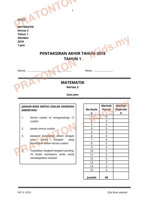 Pratonton muka 1 lembaran SULIT — Matematik Tahun 1