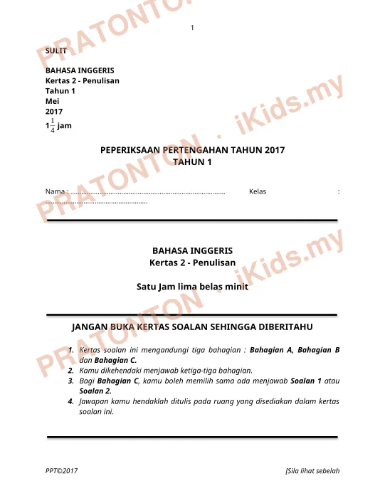 Pratonton muka 1 lembaran SULIT — Bahasa Inggeris Tahun 1