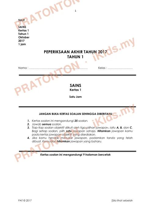Pratonton muka 1 lembaran SULIT — Sains Tahun 1