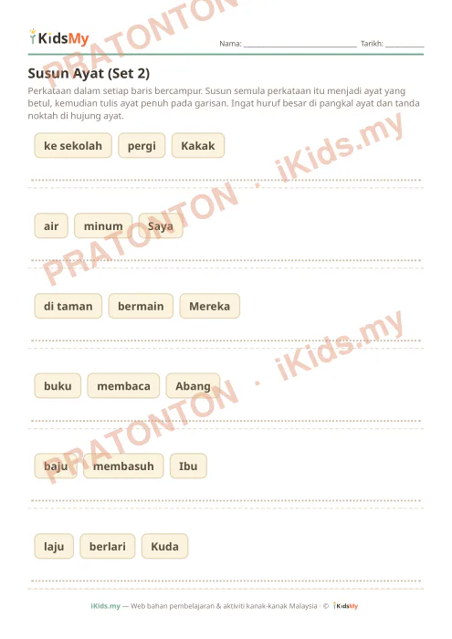 Pratonton muka 1 lembaran Susun Ayat (Set 2) — Bahasa Melayu Tahun 2