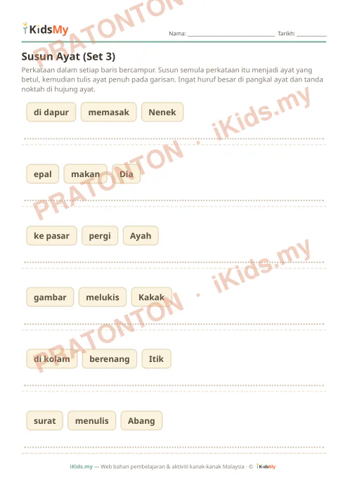 Pratonton muka 1 lembaran Susun Ayat (Set 3) — Bahasa Melayu Tahun 2