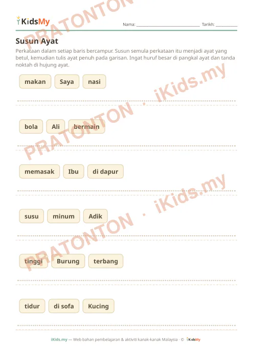 Pratonton muka 1 lembaran Susun Ayat — Bahasa Melayu Tahun 1