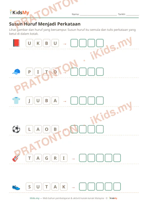 Pratonton muka 1 lembaran Susun Huruf Menjadi Perkataan — Bahasa Melayu Tadika (2-6)