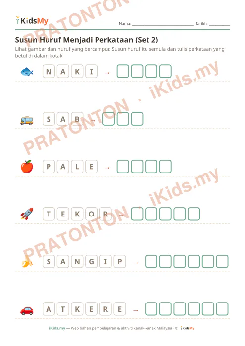 Pratonton muka 1 lembaran Susun Huruf (Set 2) — Bahasa Melayu Tadika (2-6)