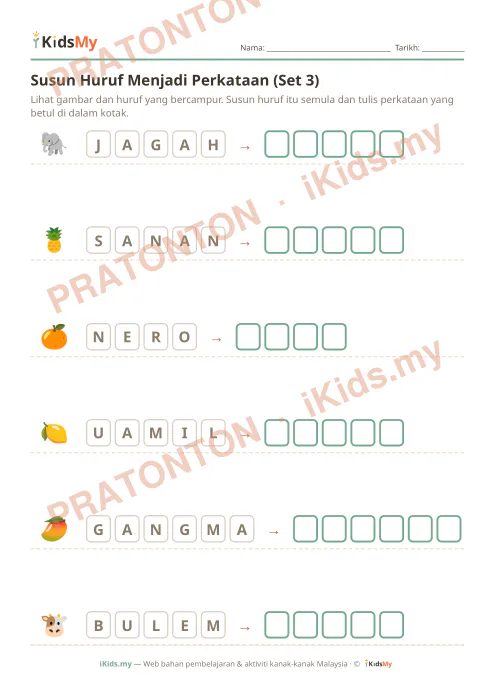 Pratonton muka 1 lembaran Susun Huruf (Set 3) — Bahasa Melayu Tadika (2-6)