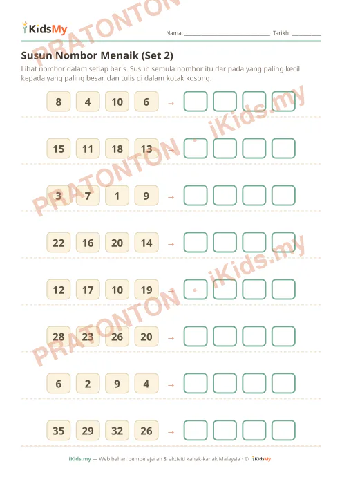 Pratonton muka 1 lembaran Susun Nombor Menaik (Set 2) — Matematik Tahun 1