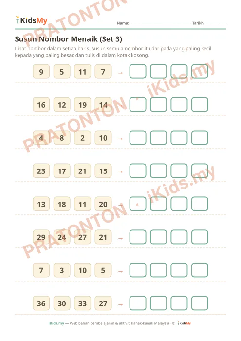 Pratonton muka 1 lembaran Susun Nombor Menaik (Set 3) — Matematik Tahun 1