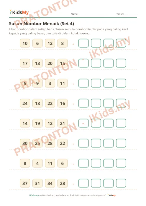 Pratonton muka 1 lembaran Susun Nombor Menaik (Set 4) — Matematik Tahun 1