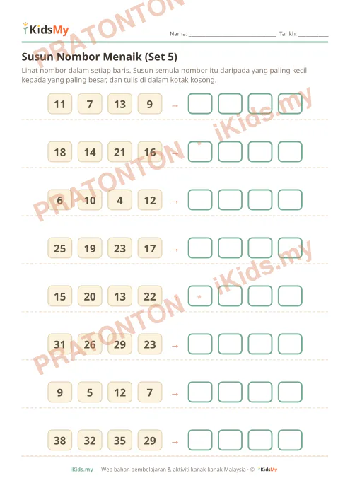 Pratonton muka 1 lembaran Susun Nombor Menaik (Set 5) — Matematik Tahun 1
