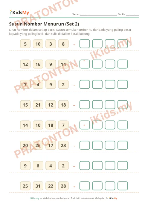 Pratonton muka 1 lembaran Susun Nombor Menurun (Set 2) — Matematik Tahun 1