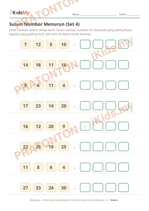 Pratonton muka 1 lembaran Susun Nombor Menurun (Set 4) — Matematik Tahun 1