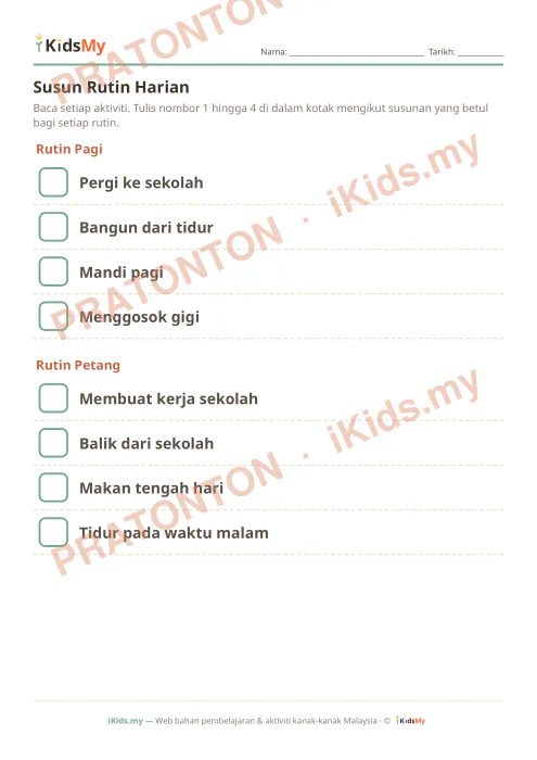Pratonton muka 1 lembaran Susun Rutin Harian — Sosial & Emosi Tadika (2-6)