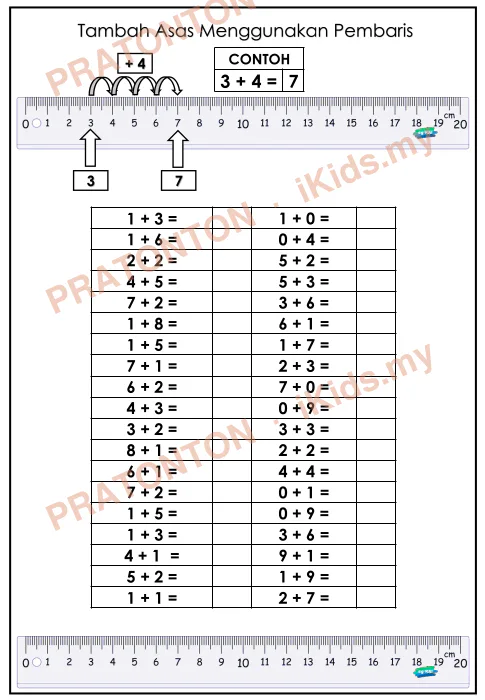 Pratonton muka 1 lembaran Tambah Asas Menggunakan Pembaris — Matematik Tahun 1
