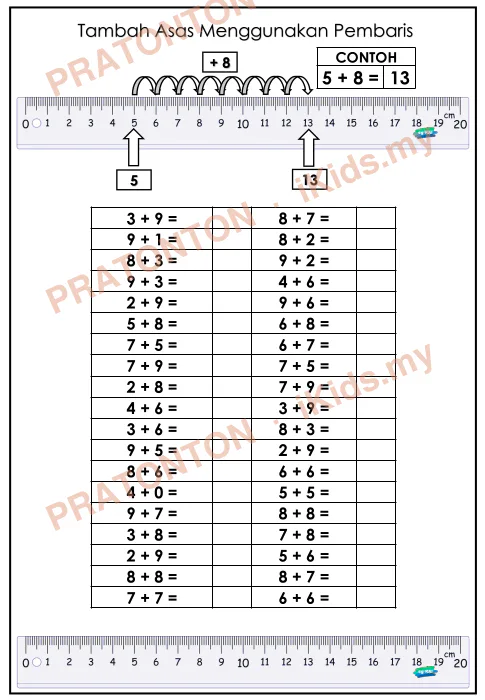 Pratonton muka 2 lembaran Tambah Asas Menggunakan Pembaris — Matematik Tahun 1