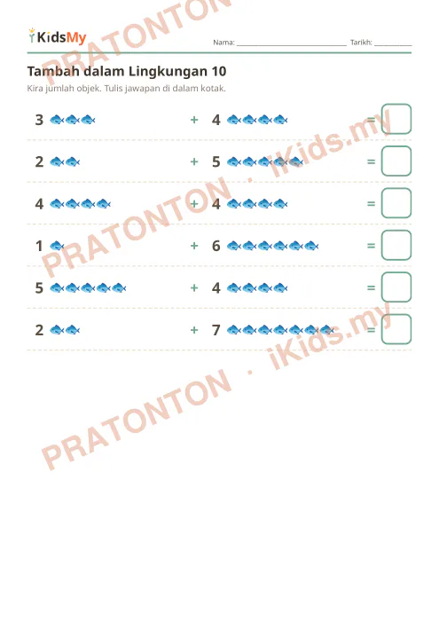 Pratonton muka 1 lembaran Tambah dalam Lingkungan 10 (Set 2) — Matematik Tahun 1